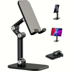 1pc Adjustable Phone Stand Holder, ABS Material, Foldable & Detachable, Compatible with 10.16-27.94 cm Smartphones/iPad/Tablet, Anti-Skid & Anti-Scratch Pads, Desk Mount - Black, Adjustable Gadget Holder | Foldable Design | Durable Abs Resin