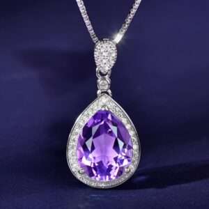 925 Silver Natural Amethyst Pendant Water Drop Shape Large and Fashionable Simple and Versatile High-end Pendant with 17.72inch 925 Silver Necklace as a Mother's Day Gift