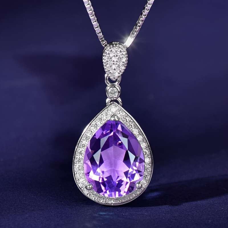 925 Silver Natural Amethyst Pendant Water Drop Shape Large and Fashionable Simple and Versatile High-end Pendant with 17.72inch 925 Silver Necklace as a Mother's Day Gift