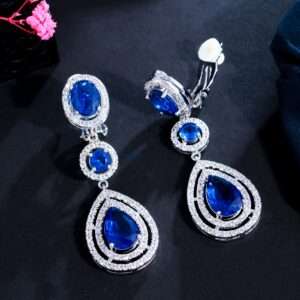 Luxury Shiny Blue Zirconia Elegant Long Bridal Wedding Evening Party Clip On Earrings for Women Vintage Engagement Birthday Mothers Day Banquet Jewelry