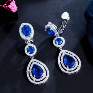 Luxury Shiny Blue Zirconia Elegant Long Bridal Wedding Evening Party Clip On Earrings for Women Vintage Engagement Birthday Mothers Day Banquet Jewelry