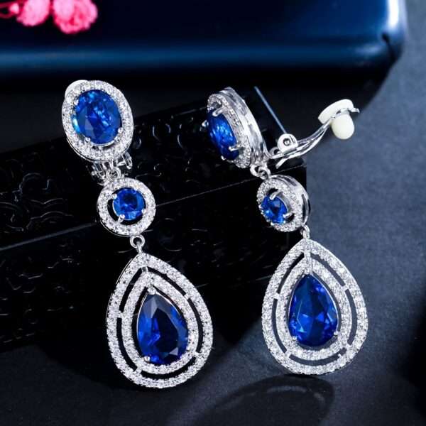 Luxury Shiny Blue Zirconia Elegant Long Bridal Wedding Evening Party Clip On Earrings for Women Vintage Engagement Birthday Mothers Day Banquet Jewelry - Image 7