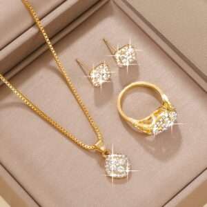 4PCS Women's Fashion Square Jewelry Set - Minimalist Style, Glass Inlay, Alloy Base, Suitable for Everyday Wear, Perfect for Teacher's Day/Back to School/Graduation Season