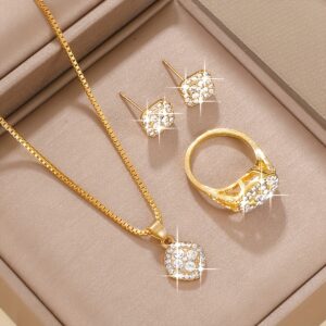 4PCS Women's Fashion Square Jewelry Set - Minimalist Style, Glass Inlay, Alloy Base, Suitable for Everyday Wear, Perfect for Teacher's Day/Back to School/Graduation Season