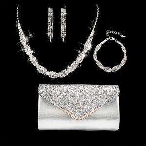 A Stylish And Versatile Elegant Sparkling Clutch Bag, Perfect For Evening Parties, Formal Events, With Exquisite Rhinestone Decorations, Including A Necklace, Earrings, Bracelet, And A Set Of Four Banquet Accessories.