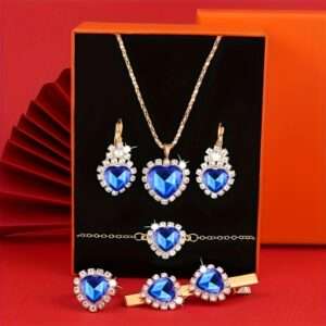 4pcs Luxury Heart-Shaped Earrings, Necklace, Ring, and Hairpin Jewelry Set