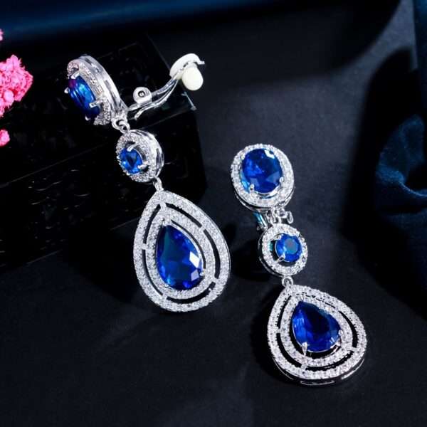Luxury Shiny Blue Zirconia Elegant Long Bridal Wedding Evening Party Clip On Earrings for Women Vintage Engagement Birthday Mothers Day Banquet Jewelry - Image 5