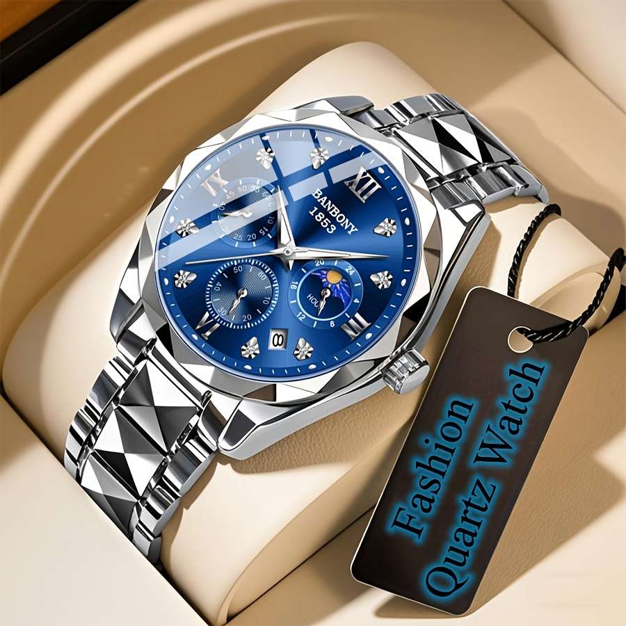 Banbony Men'S Quartz Watch Stainless Steel with Rhinestone Roman Numerals HD Large Dial Waterproof Luminous Display Date Calendar Multi-Function Silent Watch Fashionable Appearance Men'S Luxury Gift for Birthday, Family Gathering, Party - Image 8