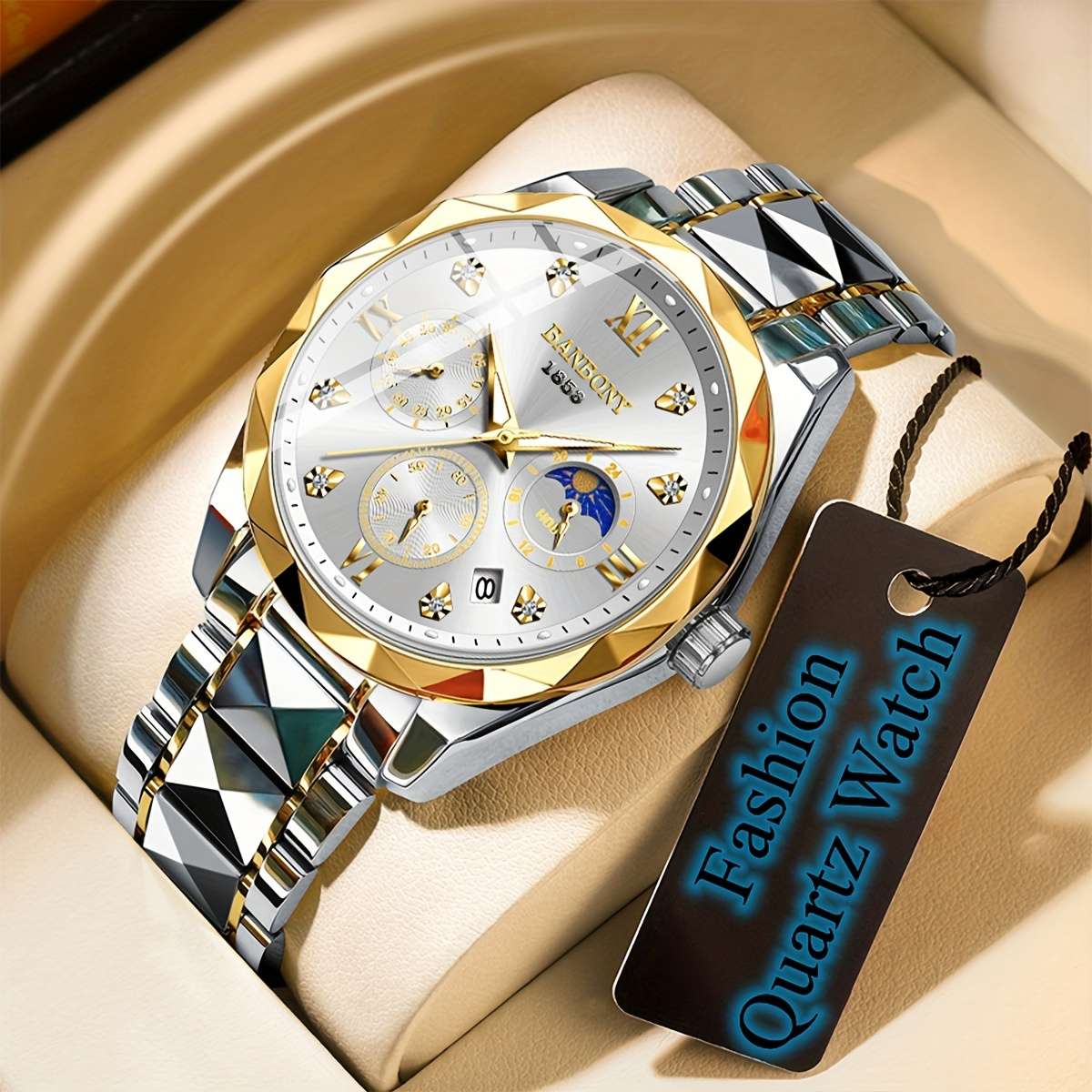 Banbony Men'S Quartz Watch Stainless Steel with Rhinestone Roman Numerals HD Large Dial Waterproof Luminous Display Date Calendar Multi-Function Silent Watch Fashionable Appearance Men'S Luxury Gift for Birthday, Family Gathering, Party - Image 5