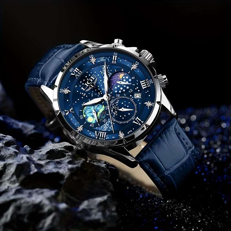 LIGE Luxury Quartz Chronograph Watch with Luminous Hands - Elegant Round Alloy Case, Blue Dial with Roman Numerals, Starry Night Design, Button Battery, Faux Leather Strap, Stylish Accessory|Starry Night Design|Luminous Hands - Image 4