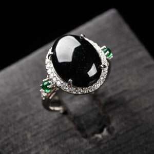 Natural stone grade A inlaid 925 Silver material DIY open ring for men and women, simple and fashionable, exquisite black agate DIY chalcedony ring, versatile clothing, gift giving and delivery jewelry box