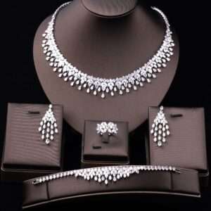 Middle Eastern Dazzling Droplet Synthetic Zirconia Bridal Jewelry Set, 18K Golden-Plated Droplet Pendant Necklace, Earrings, Bracelet & Ring, 4pcs Opulent Banquet Jewelry Set