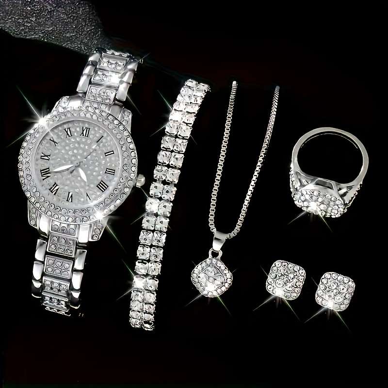 1pc Women's Fashion Luxury Quartz Watch + 6pcs Jewelry