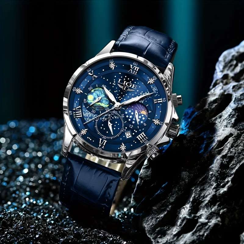 LIGE Luxury Quartz Chronograph Watch with Luminous Hands - Elegant Round Alloy Case, Blue Dial with Roman Numerals, Starry Night Design, Button Battery, Faux Leather Strap, Stylish Accessory|Starry Night Design|Luminous Hands - Image 6