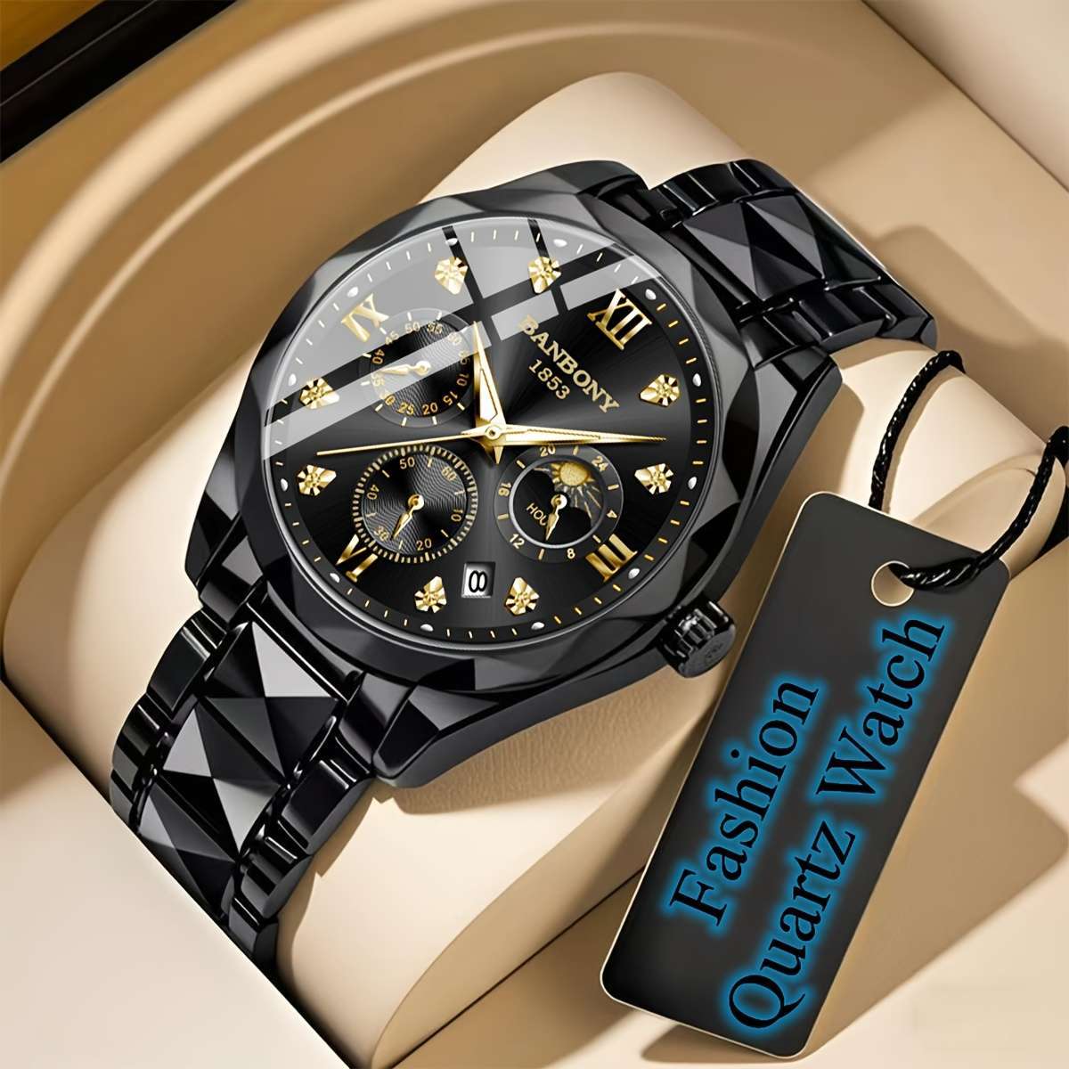 Banbony Men'S Quartz Watch Stainless Steel with Rhinestone Roman Numerals HD Large Dial Waterproof Luminous Display Date Calendar Multi-Function Silent Watch Fashionable Appearance Men'S Luxury Gift for Birthday, Family Gathering, Party - Image 9