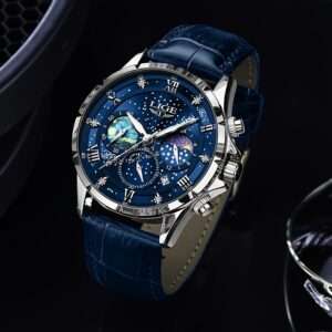 LIGE Luxury Quartz Chronograph Watch with Luminous Hands - Elegant Round Alloy Case, Blue Dial with Roman Numerals, Starry Night Design, Button Battery, Faux Leather Strap, Stylish Accessory|Starry Night Design|Luminous Hands