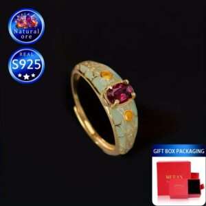 Elegant S925 Silver Garnet Ring with Adjustable Band - Vintage-Inspired, Mosaic Design, Perfect Gift for Mother'S Day, Natural Stone, Gift Box Included, 1.85g, Elegant Accessory | Vintageinspired Ring | Adjustable Band Ring