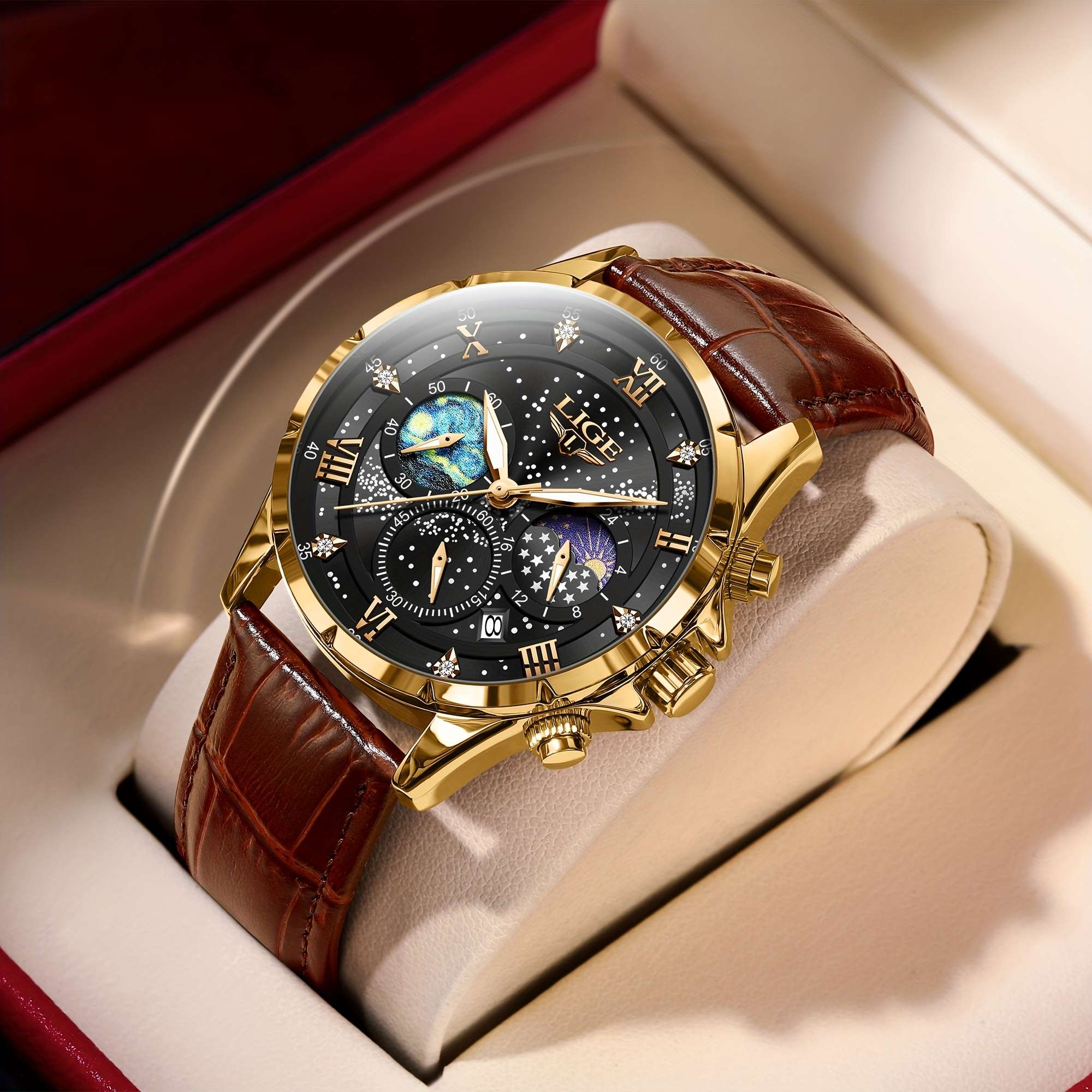 LIGE Luxury Quartz Chronograph Watch with Luminous Hands - Elegant Round Alloy Case, Blue Dial with Roman Numerals, Starry Night Design, Button Battery, Faux Leather Strap, Stylish Accessory|Starry Night Design|Luminous Hands - Image 11