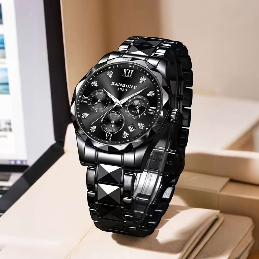 Banbony Men'S Quartz Watch Stainless Steel with Rhinestone Roman Numerals HD Large Dial Waterproof Luminous Display Date Calendar Multi-Function Silent Watch Fashionable Appearance Men'S Luxury Gift for Birthday, Family Gathering, Party - Image 20