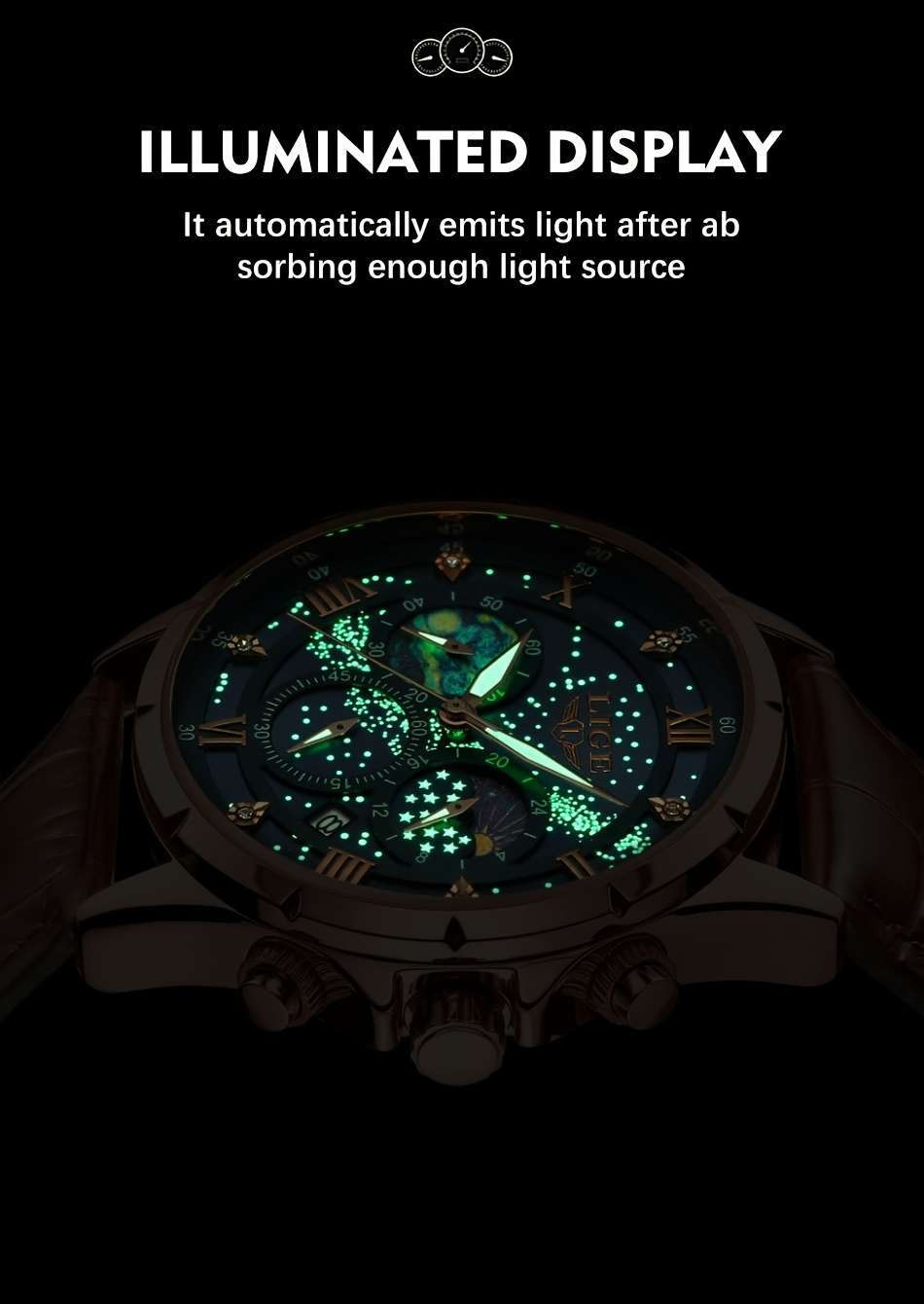 LIGE Luxury Quartz Chronograph Watch with Luminous Hands - Elegant Round Alloy Case, Blue Dial with Roman Numerals, Starry Night Design, Button Battery, Faux Leather Strap, Stylish Accessory|Starry Night Design|Luminous Hands - Image 17