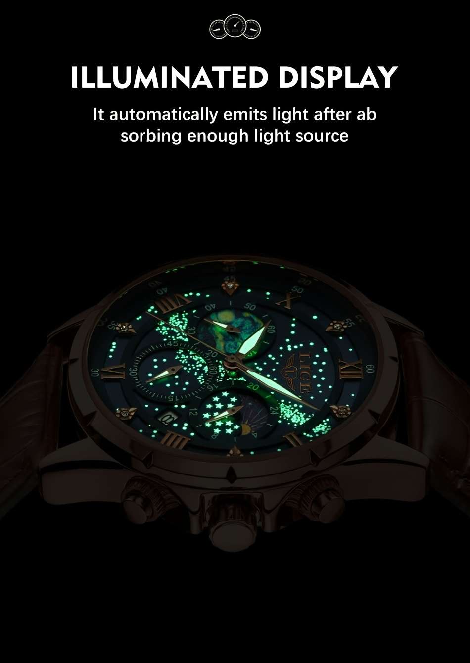 LIGE Luxury Quartz Chronograph Watch with Luminous Hands - Elegant Round Alloy Case, Blue Dial with Roman Numerals, Starry Night Design, Button Battery, Faux Leather Strap, Stylish Accessory|Starry Night Design|Luminous Hands - Image 17