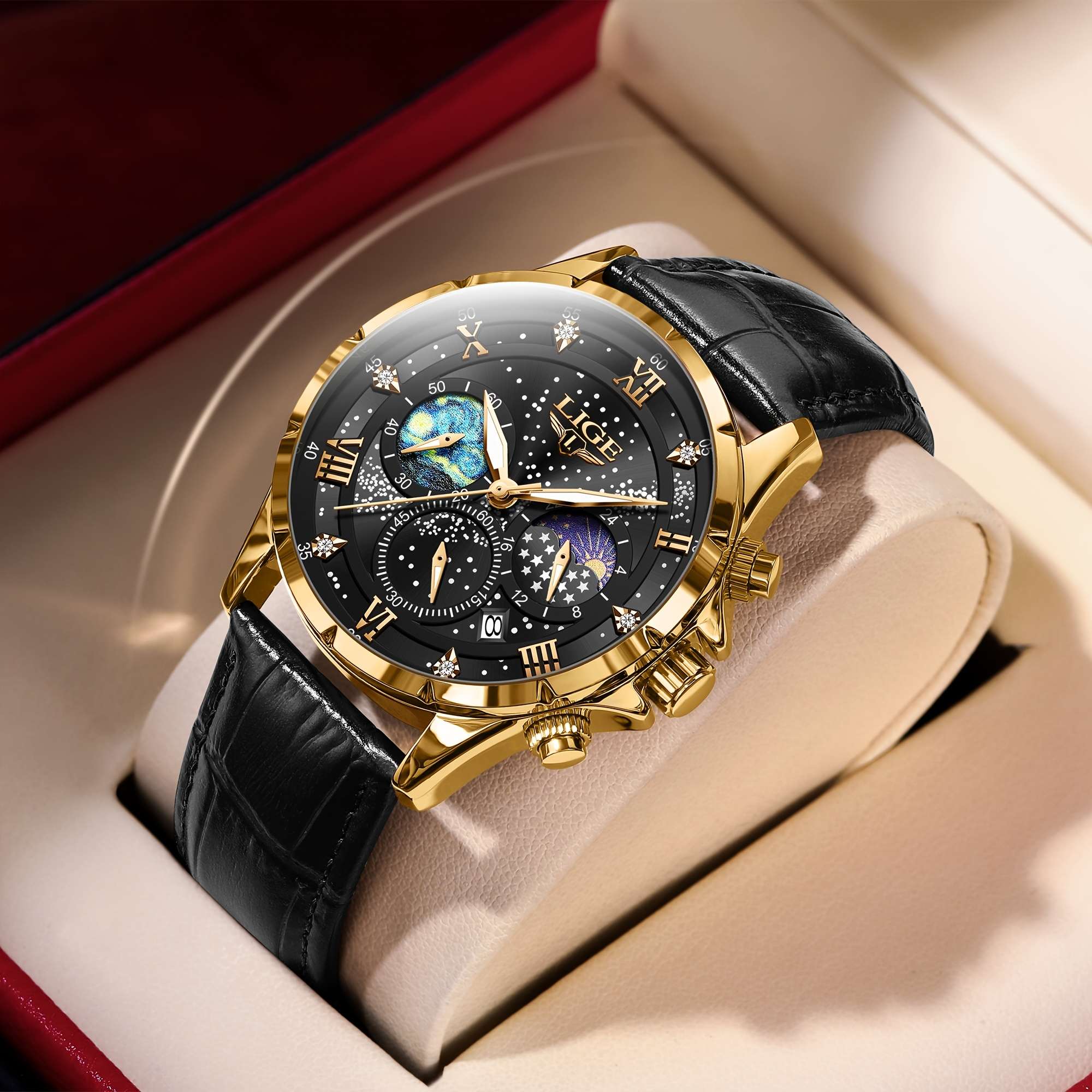 LIGE Luxury Quartz Chronograph Watch with Luminous Hands - Elegant Round Alloy Case, Blue Dial with Roman Numerals, Starry Night Design, Button Battery, Faux Leather Strap, Stylish Accessory|Starry Night Design|Luminous Hands - Image 12