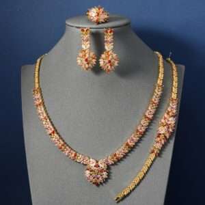Vintage Arab Fashion 24K Golden Plated Jewelry Set with Colorful zirconia - Elegant Flower Design Copper 4-Piece Set Including Ring, Earrings, Necklace, Bracelet for Wedding, Festivals, Ramadan Gift