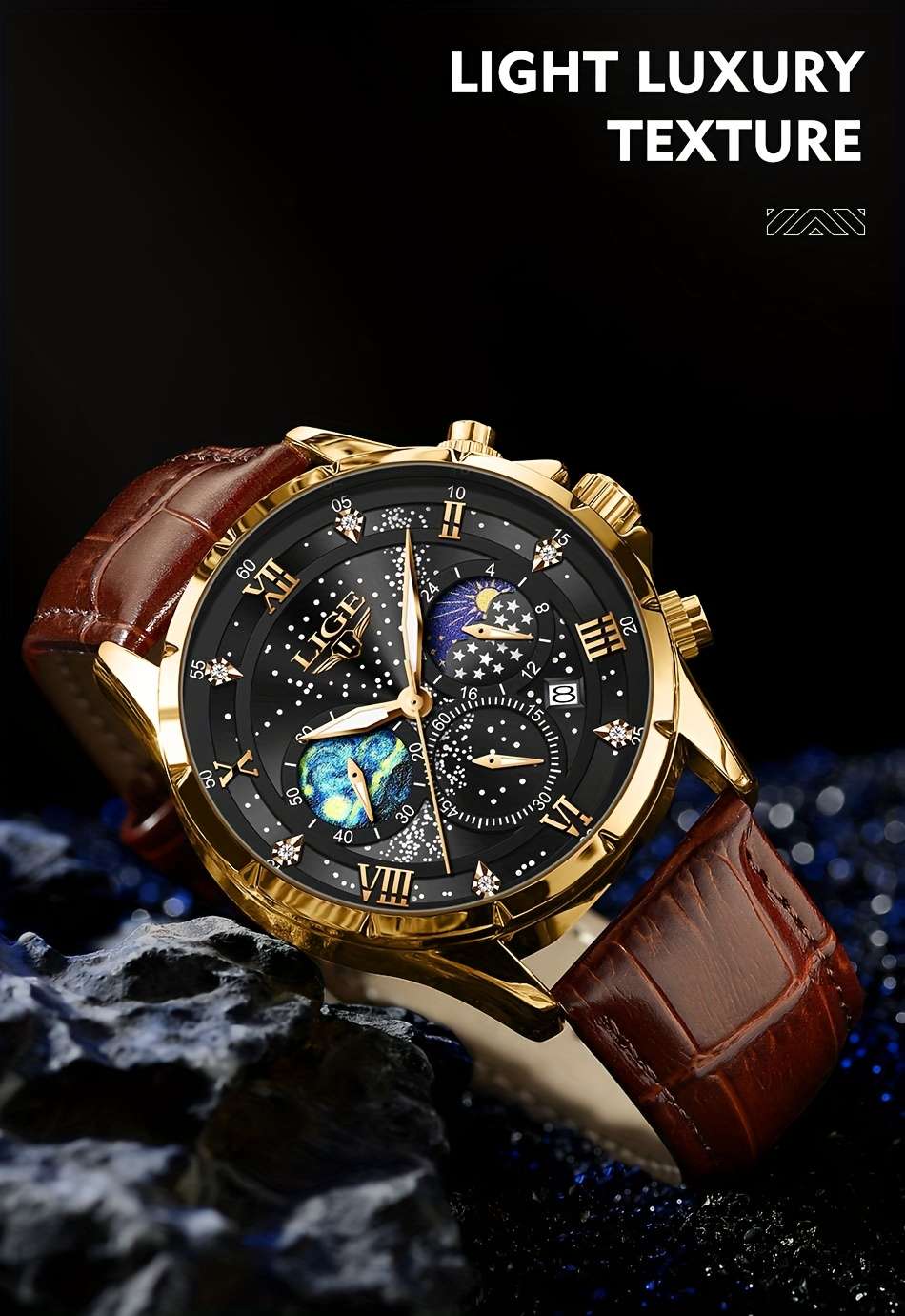 LIGE Luxury Quartz Chronograph Watch with Luminous Hands - Elegant Round Alloy Case, Blue Dial with Roman Numerals, Starry Night Design, Button Battery, Faux Leather Strap, Stylish Accessory|Starry Night Design|Luminous Hands - Image 19