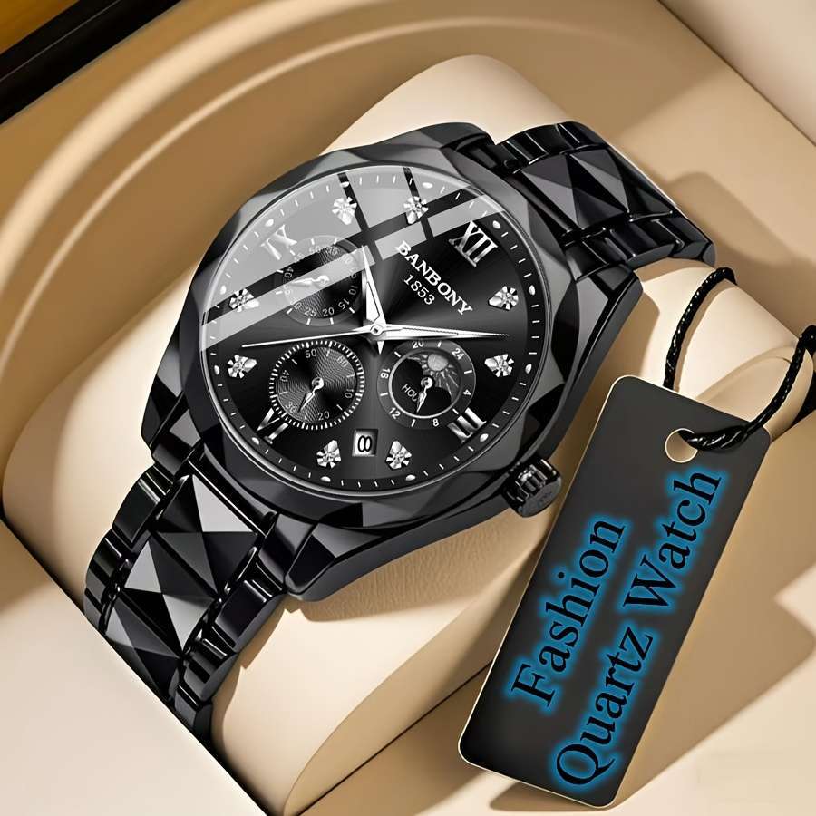 Banbony Men'S Quartz Watch Stainless Steel with Rhinestone Roman Numerals HD Large Dial Waterproof Luminous Display Date Calendar Multi-Function Silent Watch Fashionable Appearance Men'S Luxury Gift for Birthday, Family Gathering, Party - Image 14