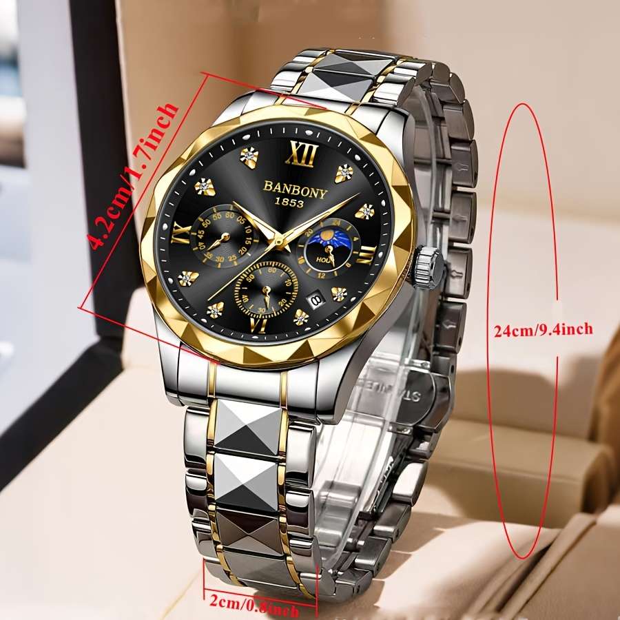 Banbony Men'S Quartz Watch Stainless Steel with Rhinestone Roman Numerals HD Large Dial Waterproof Luminous Display Date Calendar Multi-Function Silent Watch Fashionable Appearance Men'S Luxury Gift for Birthday, Family Gathering, Party - Image 2