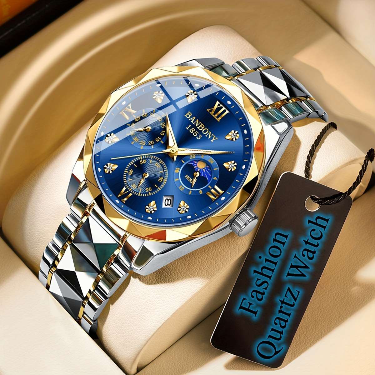 Banbony Men'S Quartz Watch Stainless Steel with Rhinestone Roman Numerals HD Large Dial Waterproof Luminous Display Date Calendar Multi-Function Silent Watch Fashionable Appearance Men'S Luxury Gift for Birthday, Family Gathering, Party - Image 3