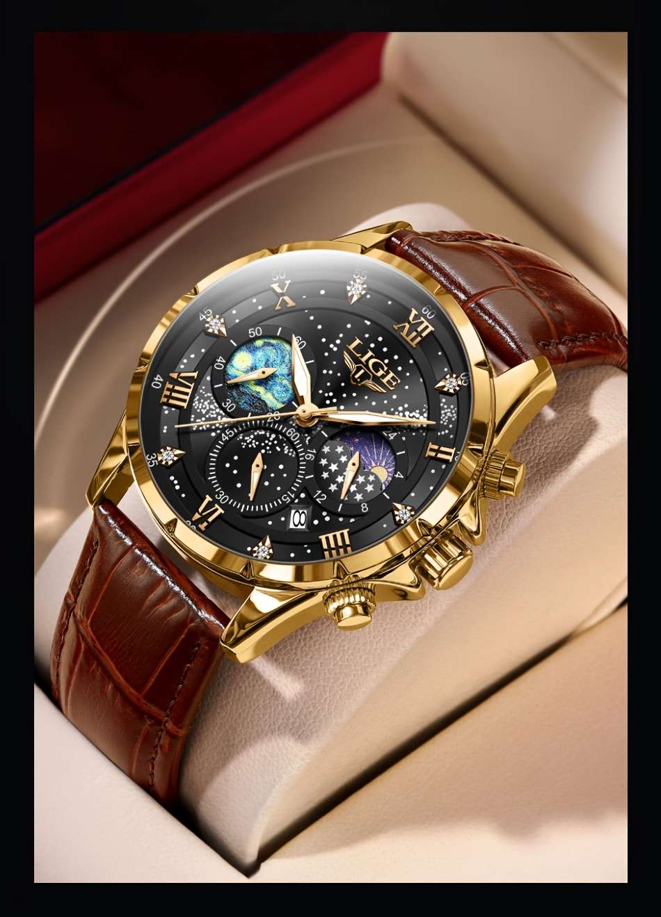 LIGE Luxury Quartz Chronograph Watch with Luminous Hands - Elegant Round Alloy Case, Blue Dial with Roman Numerals, Starry Night Design, Button Battery, Faux Leather Strap, Stylish Accessory|Starry Night Design|Luminous Hands - Image 13
