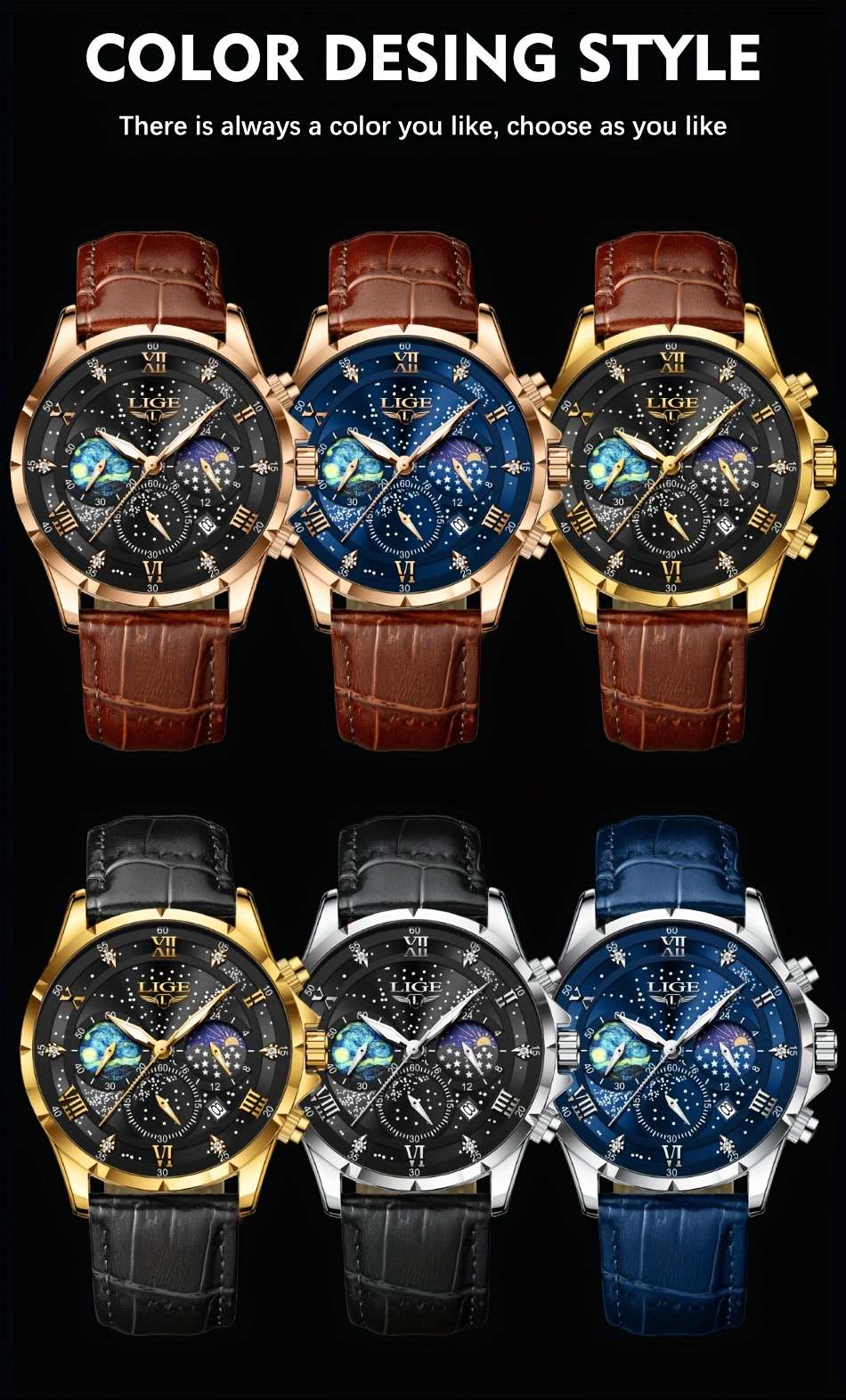 LIGE Luxury Quartz Chronograph Watch with Luminous Hands - Elegant Round Alloy Case, Blue Dial with Roman Numerals, Starry Night Design, Button Battery, Faux Leather Strap, Stylish Accessory|Starry Night Design|Luminous Hands - Image 16