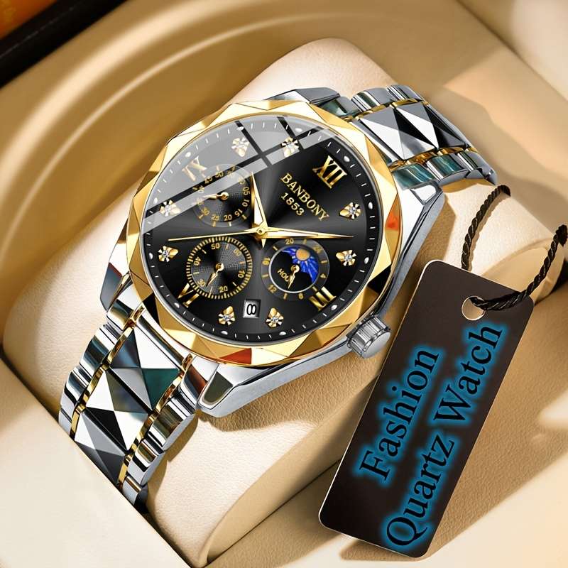 Banbony Men'S Quartz Watch Stainless Steel with Rhinestone Roman Numerals HD Large Dial Waterproof Luminous Display Date Calendar Multi-Function Silent Watch Fashionable Appearance Men'S Luxury Gift for Birthday, Family Gathering, Party - Image 12