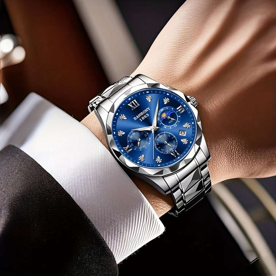 Banbony Men'S Quartz Watch Stainless Steel with Rhinestone Roman Numerals HD Large Dial Waterproof Luminous Display Date Calendar Multi-Function Silent Watch Fashionable Appearance Men'S Luxury Gift for Birthday, Family Gathering, Party - Image 22