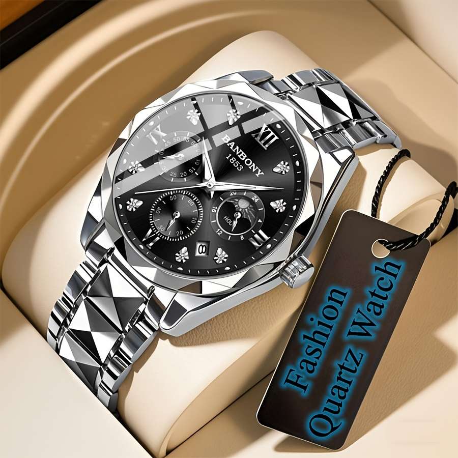 Banbony Men'S Quartz Watch Stainless Steel with Rhinestone Roman Numerals HD Large Dial Waterproof Luminous Display Date Calendar Multi-Function Silent Watch Fashionable Appearance Men'S Luxury Gift for Birthday, Family Gathering, Party - Image 13