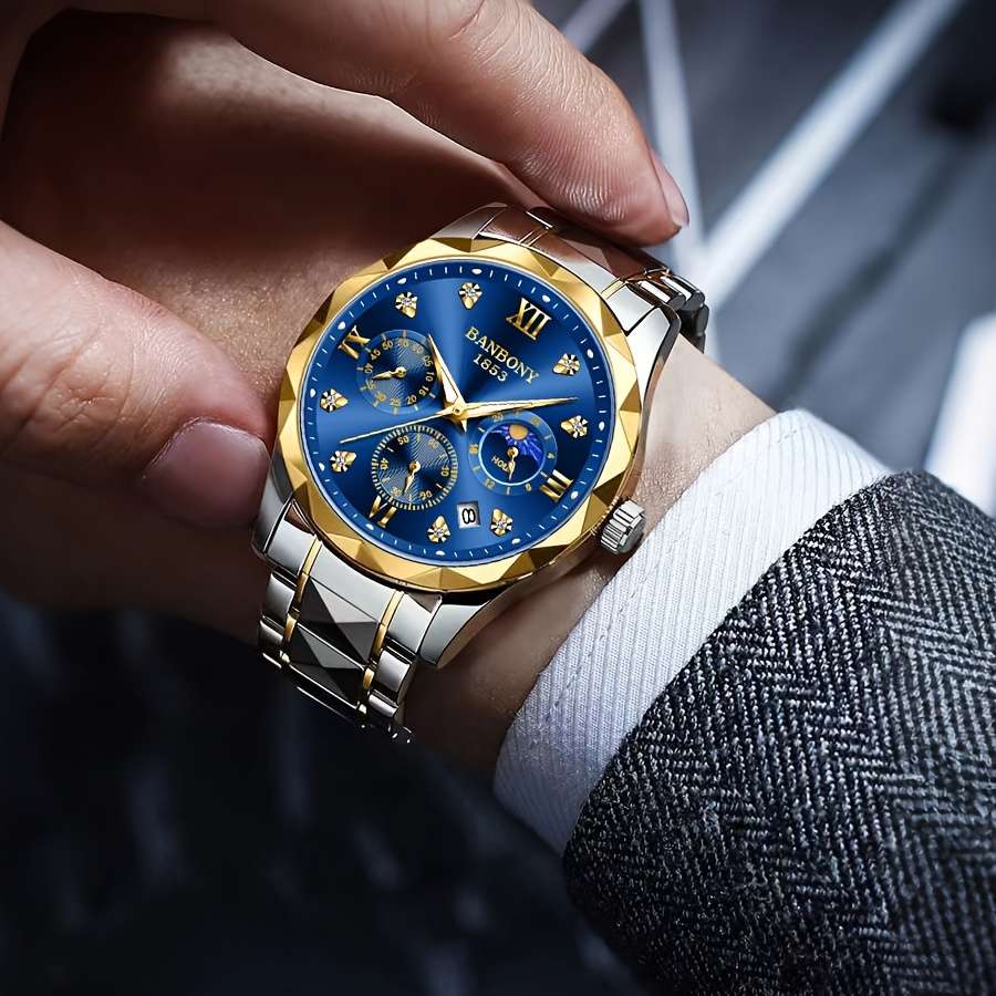 Banbony Men'S Quartz Watch Stainless Steel with Rhinestone Roman Numerals HD Large Dial Waterproof Luminous Display Date Calendar Multi-Function Silent Watch Fashionable Appearance Men'S Luxury Gift for Birthday, Family Gathering, Party - Image 16