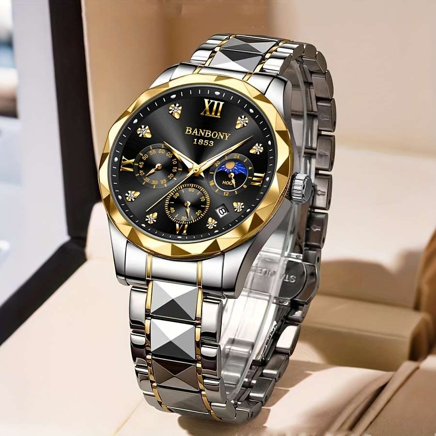 Banbony Men'S Quartz Watch Stainless Steel with Rhinestone Roman Numerals HD Large Dial Waterproof Luminous Display Date Calendar Multi-Function Silent Watch Fashionable Appearance Men'S Luxury Gift for Birthday, Family Gathering, Party - Image 21