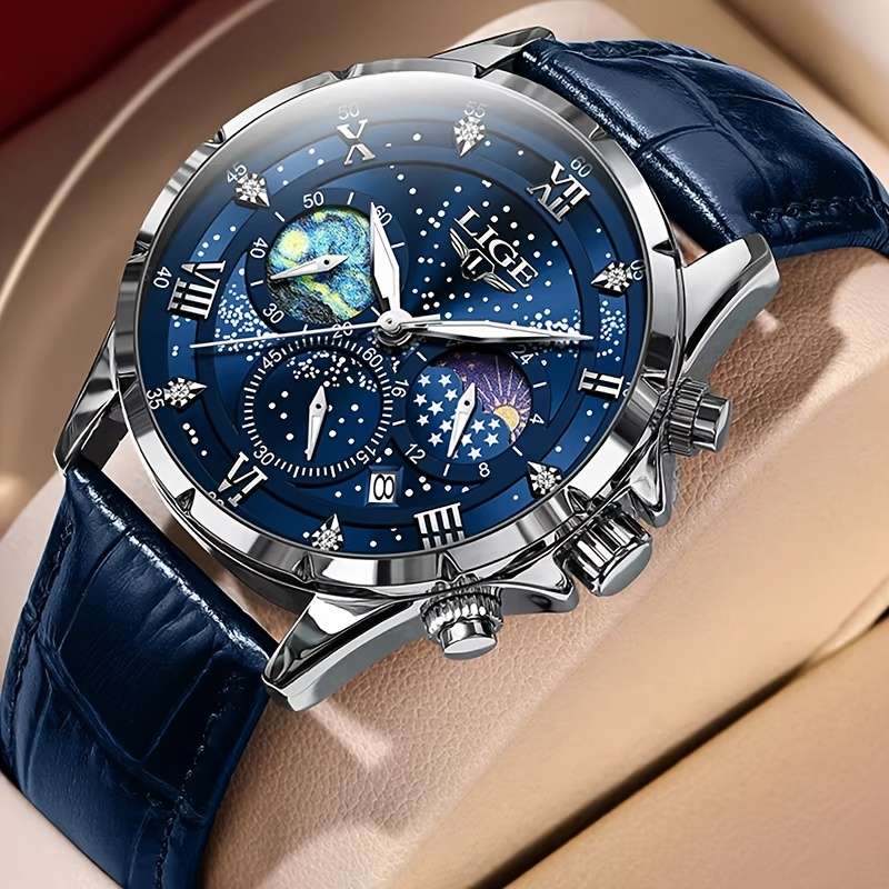 LIGE Luxury Quartz Chronograph Watch with Luminous Hands - Elegant Round Alloy Case, Blue Dial with Roman Numerals, Starry Night Design, Button Battery, Faux Leather Strap, Stylish Accessory|Starry Night Design|Luminous Hands - Image 8