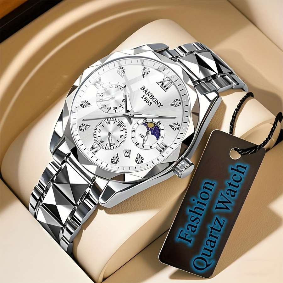 Banbony Men'S Quartz Watch Stainless Steel with Rhinestone Roman Numerals HD Large Dial Waterproof Luminous Display Date Calendar Multi-Function Silent Watch Fashionable Appearance Men'S Luxury Gift for Birthday, Family Gathering, Party - Image 11