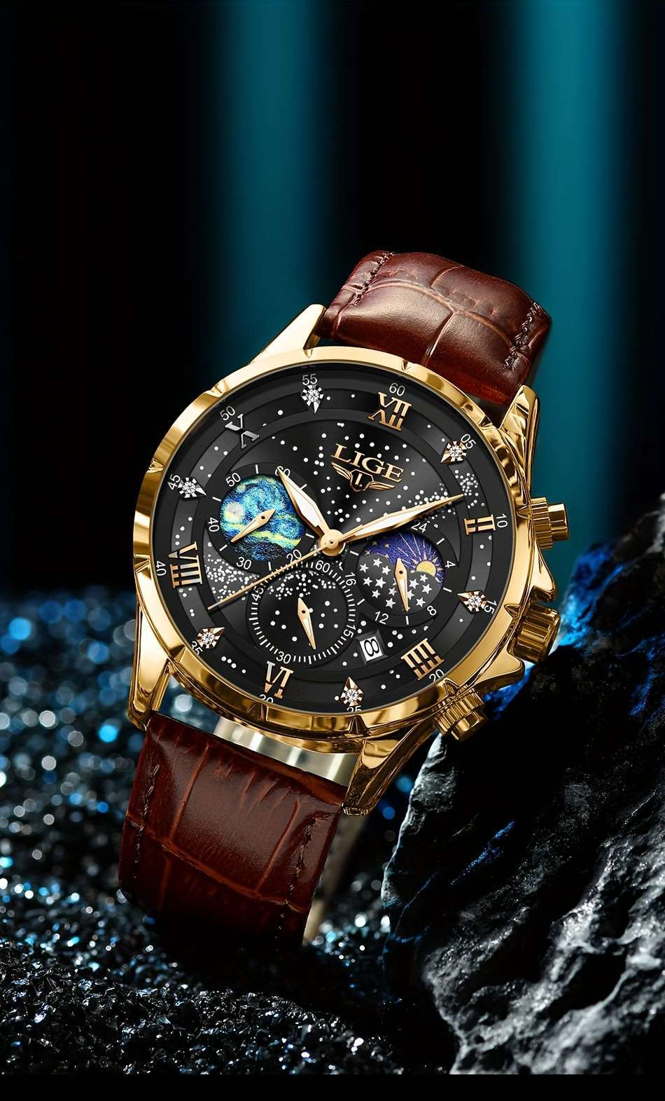 LIGE Luxury Quartz Chronograph Watch with Luminous Hands - Elegant Round Alloy Case, Blue Dial with Roman Numerals, Starry Night Design, Button Battery, Faux Leather Strap, Stylish Accessory|Starry Night Design|Luminous Hands - Image 22