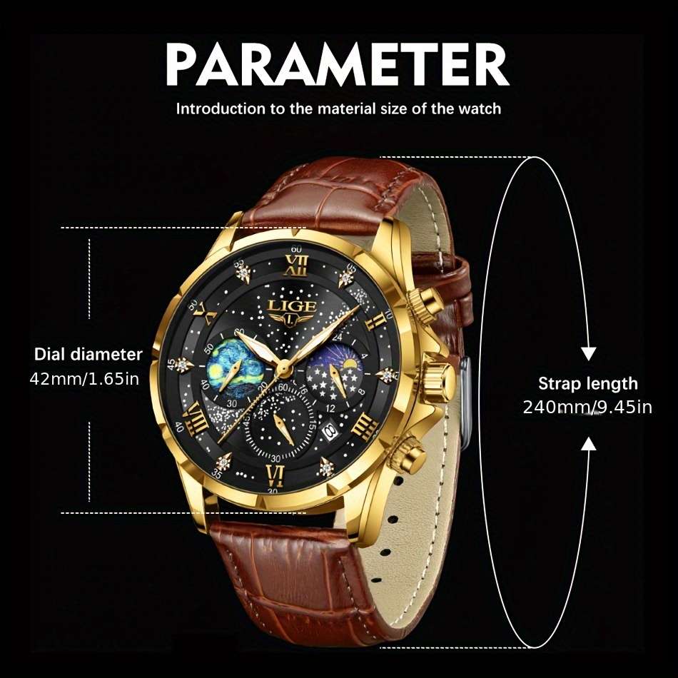 LIGE Luxury Quartz Chronograph Watch with Luminous Hands - Elegant Round Alloy Case, Blue Dial with Roman Numerals, Starry Night Design, Button Battery, Faux Leather Strap, Stylish Accessory|Starry Night Design|Luminous Hands - Image 10