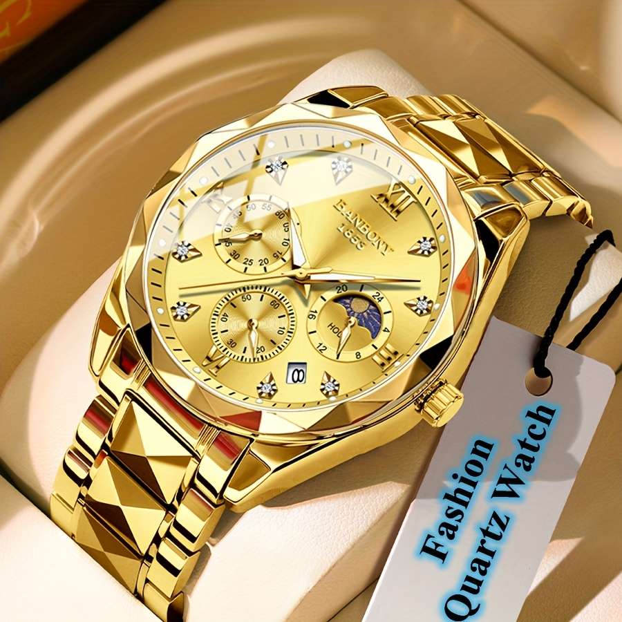 Banbony Men'S Quartz Watch Stainless Steel with Rhinestone Roman Numerals HD Large Dial Waterproof Luminous Display Date Calendar Multi-Function Silent Watch Fashionable Appearance Men'S Luxury Gift for Birthday, Family Gathering, Party - Image 18