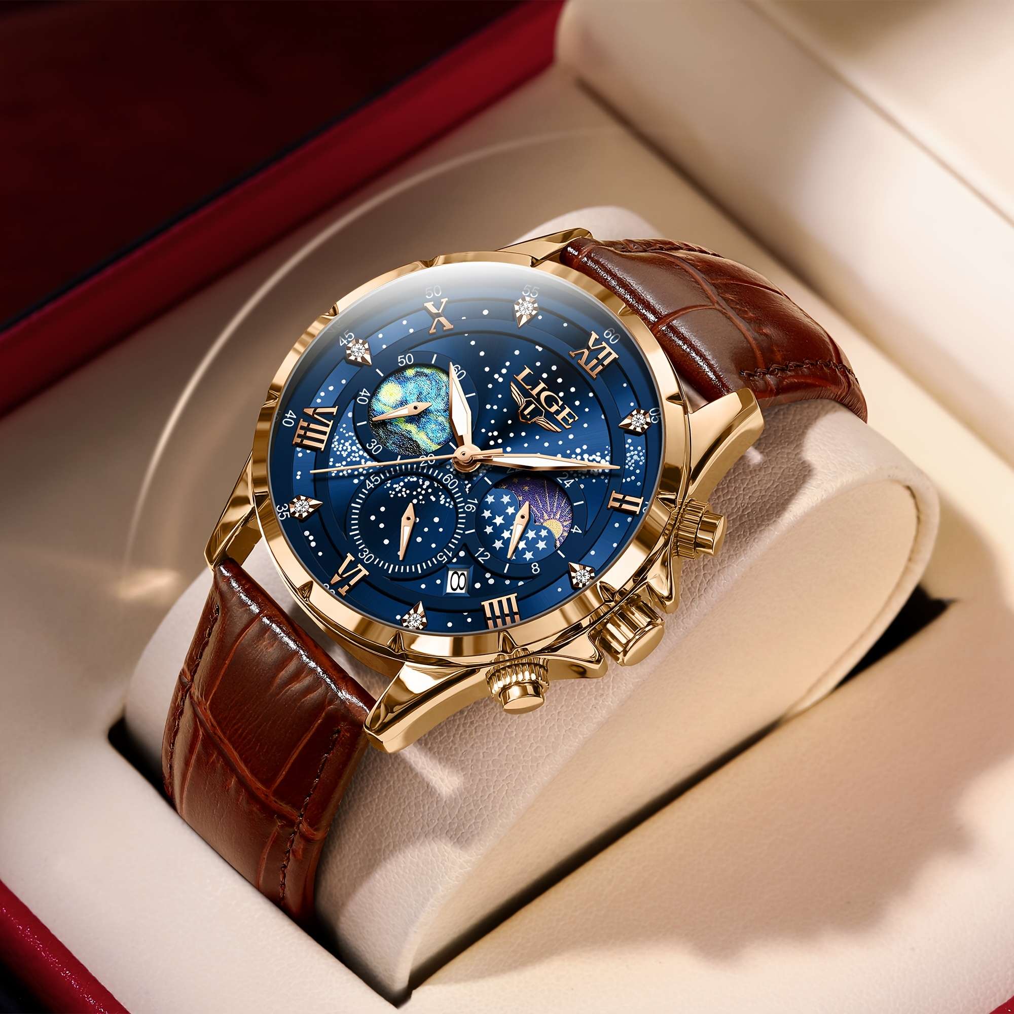 LIGE Luxury Quartz Chronograph Watch with Luminous Hands - Elegant Round Alloy Case, Blue Dial with Roman Numerals, Starry Night Design, Button Battery, Faux Leather Strap, Stylish Accessory|Starry Night Design|Luminous Hands - Image 5