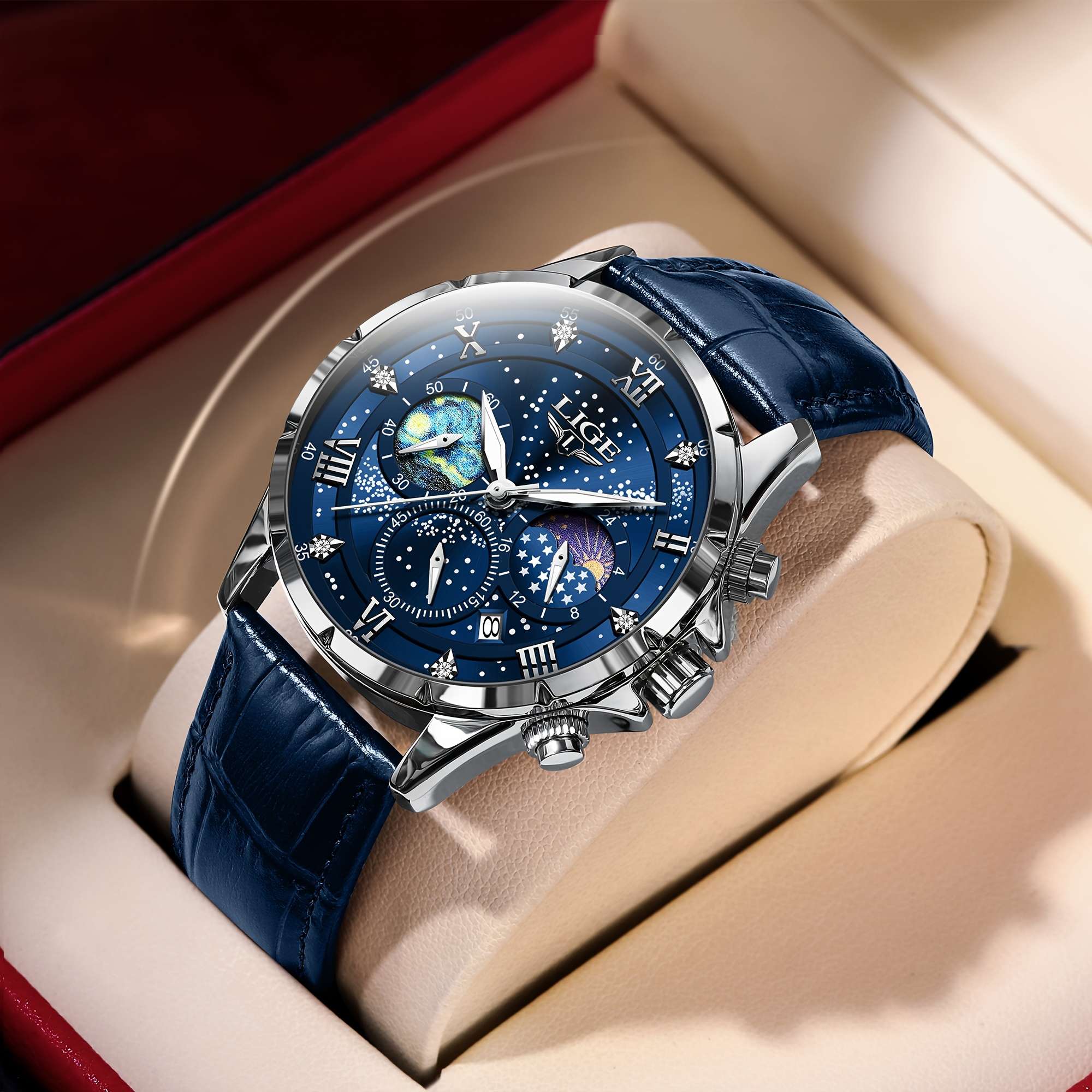 LIGE Luxury Quartz Chronograph Watch with Luminous Hands - Elegant Round Alloy Case, Blue Dial with Roman Numerals, Starry Night Design, Button Battery, Faux Leather Strap, Stylish Accessory|Starry Night Design|Luminous Hands - Image 7