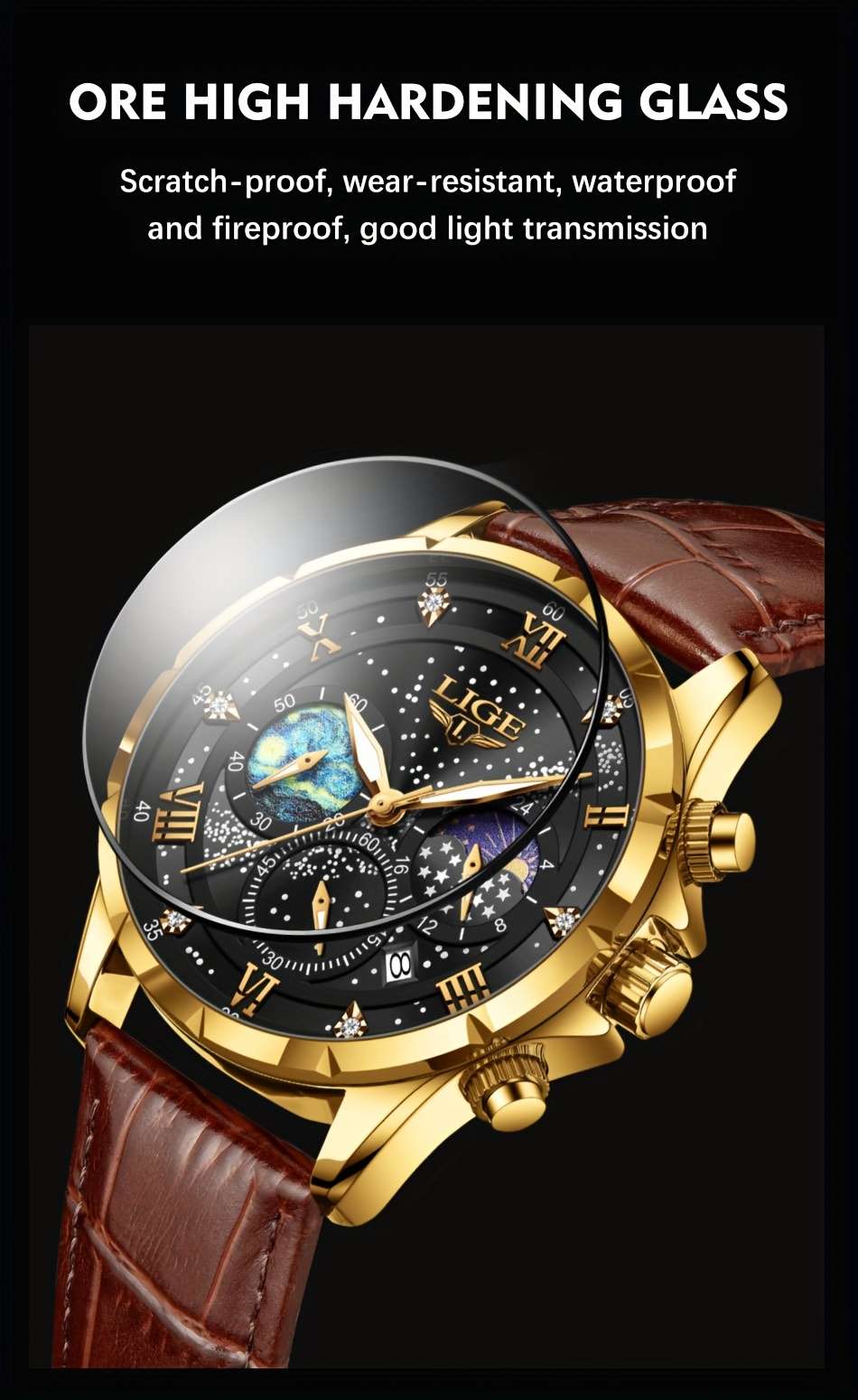 LIGE Luxury Quartz Chronograph Watch with Luminous Hands - Elegant Round Alloy Case, Blue Dial with Roman Numerals, Starry Night Design, Button Battery, Faux Leather Strap, Stylish Accessory|Starry Night Design|Luminous Hands - Image 20