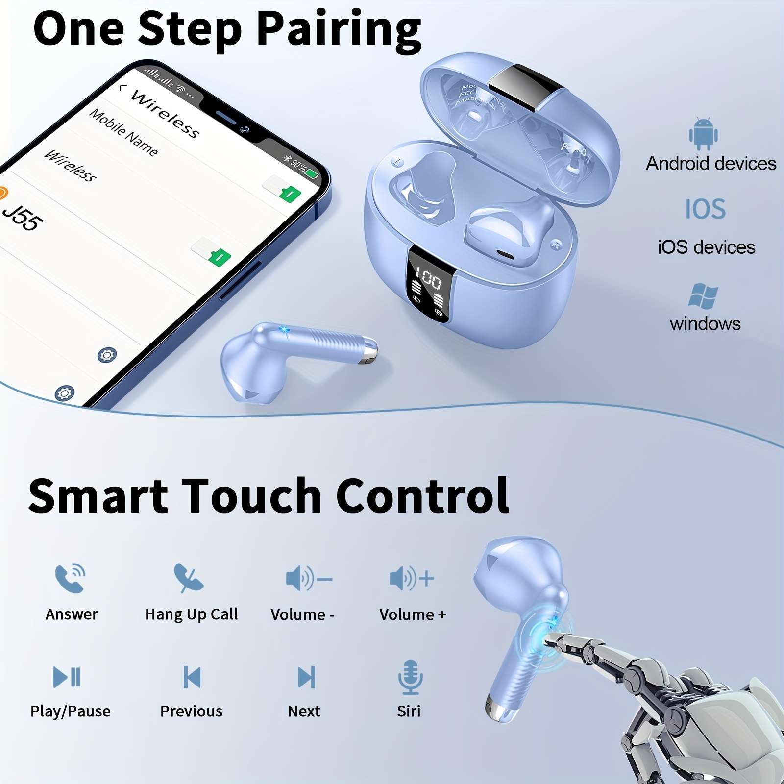 J55 Wireless Earphones 5.3 Earphones, Clear Sound, 40H Playback Time, Sports Earbuds With LED Digital Display Touch Control, Wireless Earphones With Built-in Microphone, Suitable For Android IOS Working - Image 7