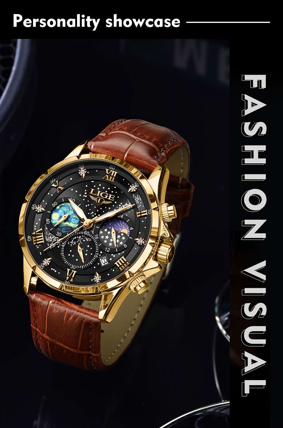 LIGE Luxury Quartz Chronograph Watch with Luminous Hands - Elegant Round Alloy Case, Blue Dial with Roman Numerals, Starry Night Design, Button Battery, Faux Leather Strap, Stylish Accessory|Starry Night Design|Luminous Hands - Image 18